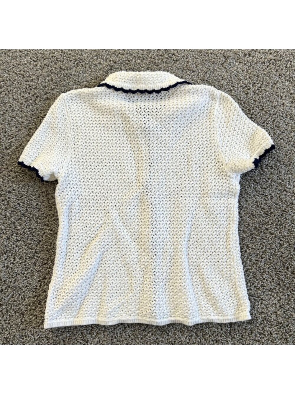 J.Crew Women's Sz M Cardigan With Navy Trim & Gold Buttons Short-Sleeve Collared - Picture 2 of 10